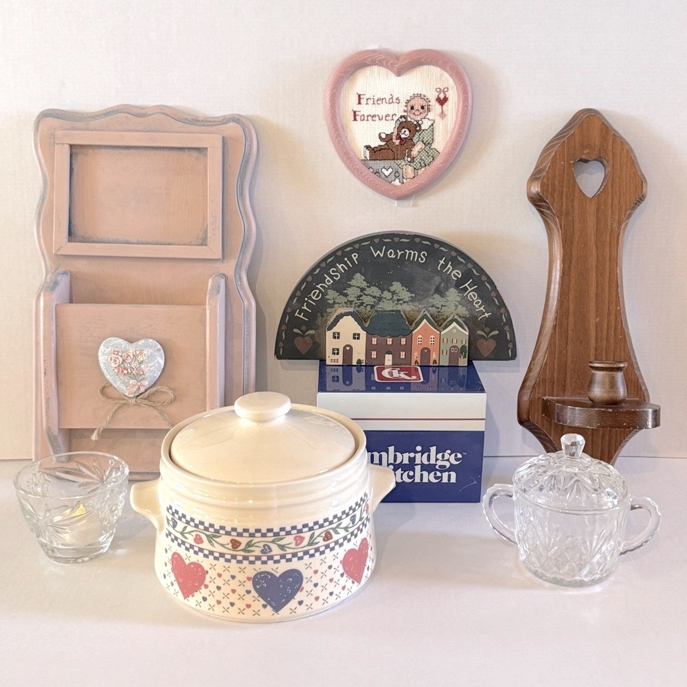 Vintage Lot Cottage Kitchen Heart Decor Wall Sconce Covered Crock Cross Stitch
